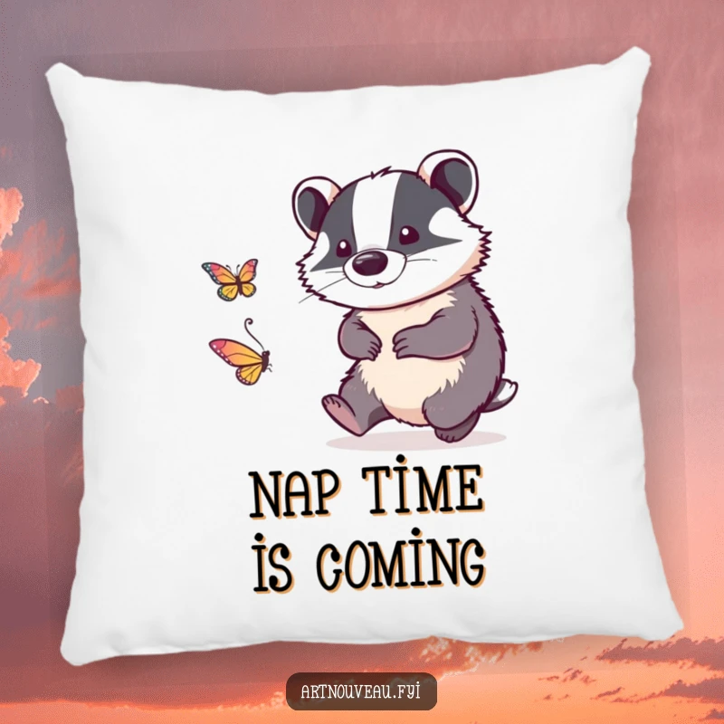 Funny pillow featuring a detailed linework badger playfully chasing a stylized butterfly, adding comfort and artistic humor to any sofa.