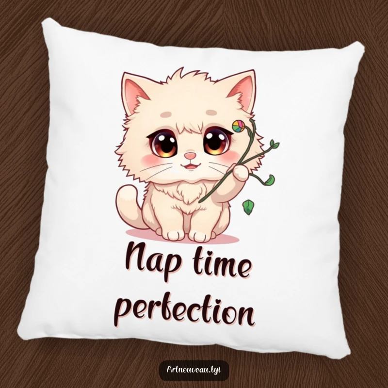 Funny Pillow: A fluffy cat with big, happy eyes batting playfully at a swirling flourish, adding comedic charm to any room.