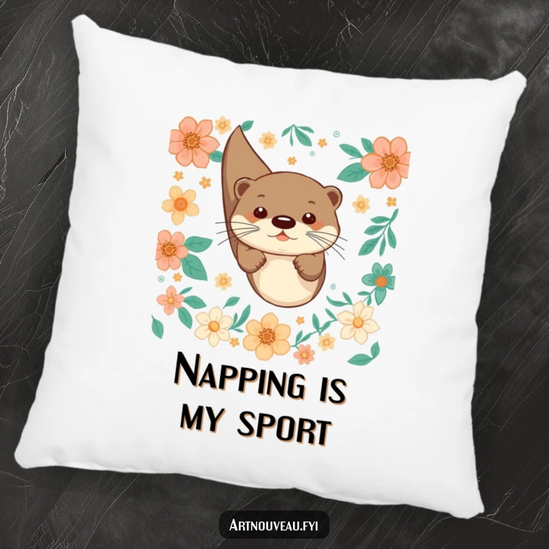 Funny pillow showcasing a playful otter joyfully diving through decorative floral patterns, adding comfort and style.
