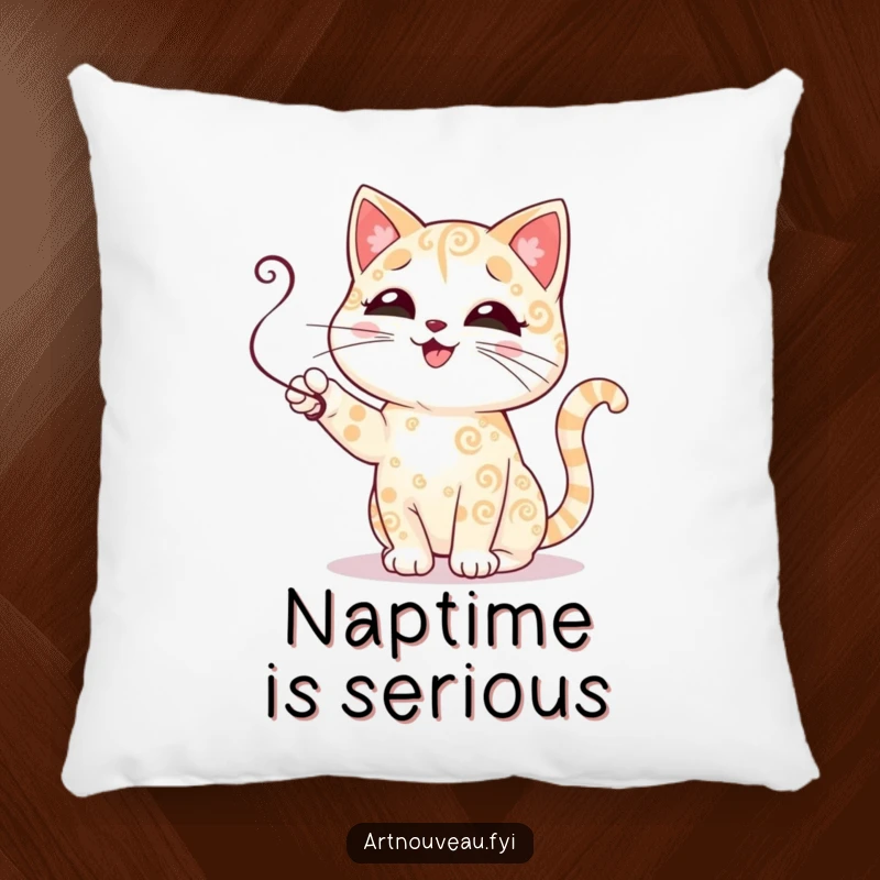 Funny cat pillow featuring a cute cat with decorative swirling fur patterns batting playfully at a tendril, offering comfort and humor.