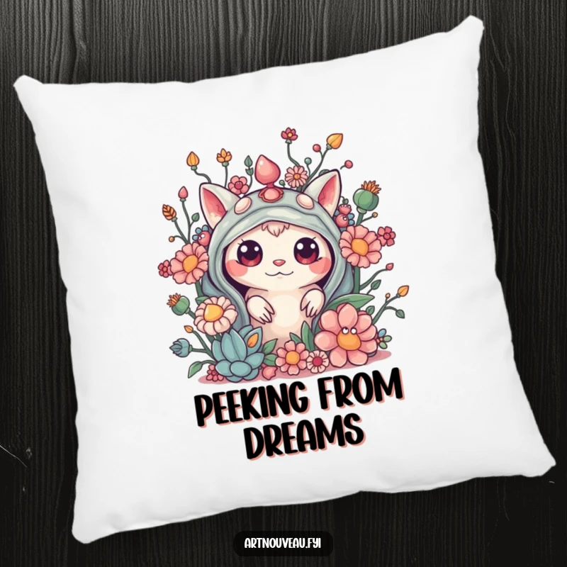 Funny decorative pillow with a curious creature peeking from behind elaborate, organic embellishments, adding comfort and whimsical mystery.