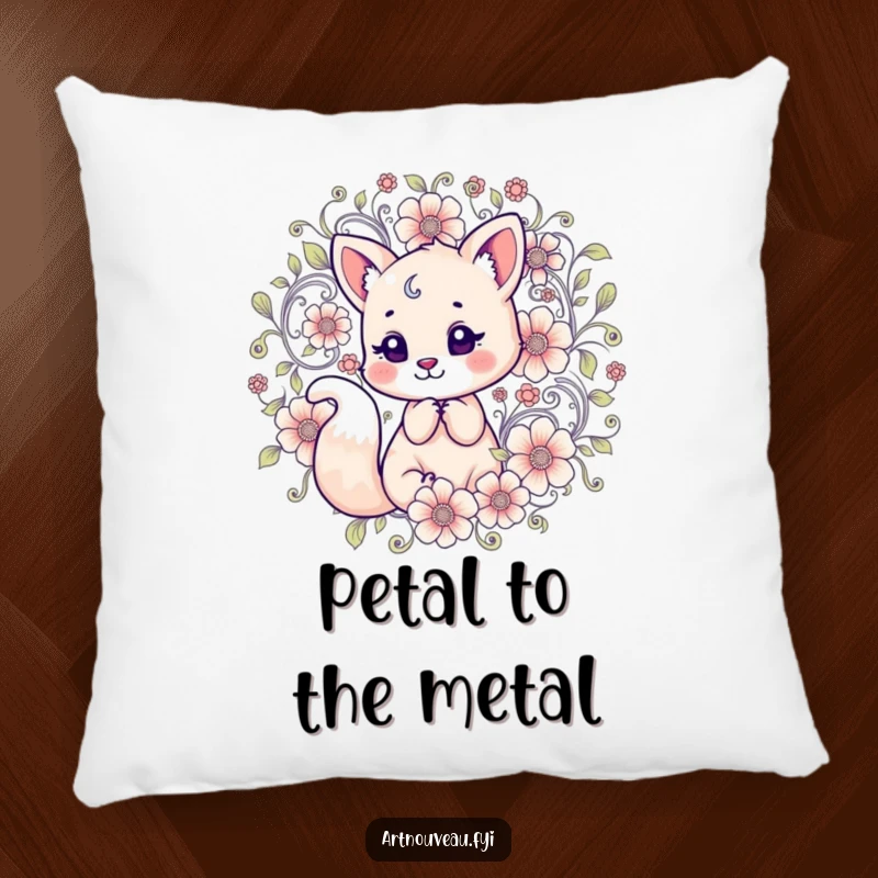 Funny Pillow: A plush cushion showcasing a cheerful fox nestled among intricate, swirling floral motifs, adding charm.