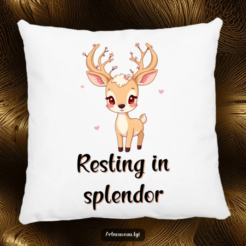 Funny deer pillow, playful animal with blossom-adorned antlers, cozy woodland cushion, perfect funny gift for relaxation.