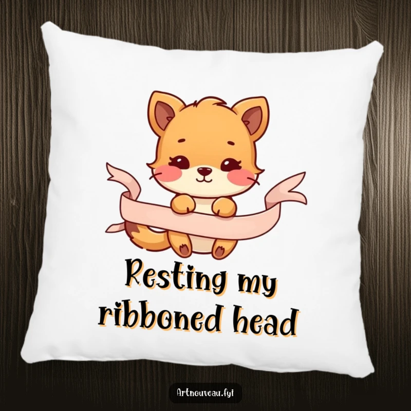 Funny pillow featuring an animal playfully wrapped in a decorative ribbon, designed for comfort and adding a whimsical touch to any space.