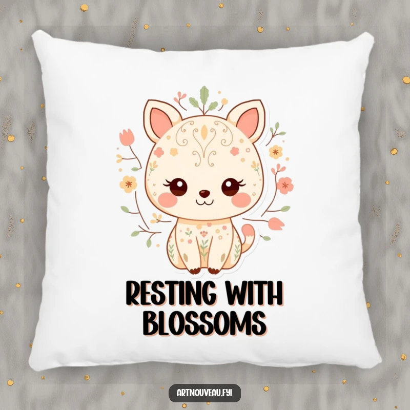 Funny pillow featuring a sweet, smiling animal character surrounded by intricate nature-inspired patterns, adding a touch of cozy, whimsical decor.
