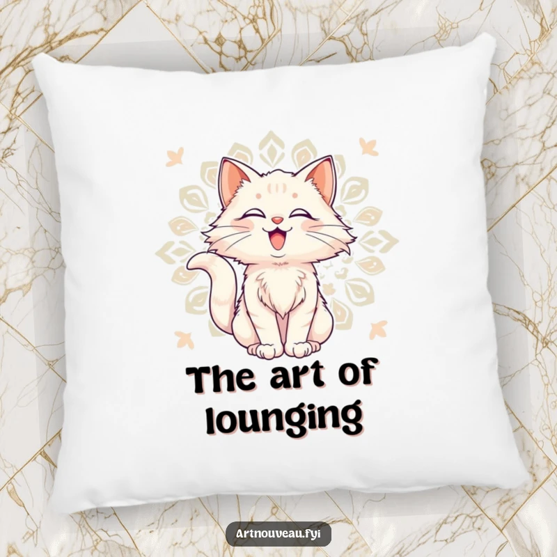 Funny Pillow: Delighted cat with flowing fur against a decorative art nouveau pattern, a soft and stylish accent.