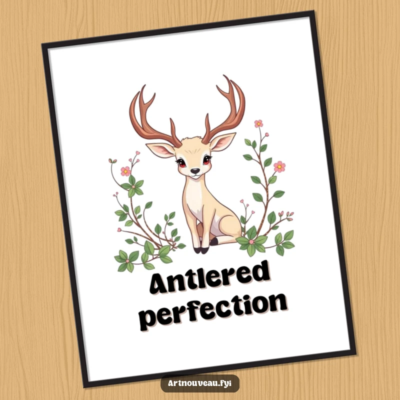 Funny Digital Art Print: An animal character with elegant, curved antlers gracefully posing amidst beautifully designed artistic vines.