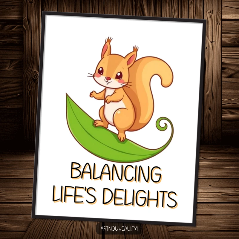 Funny digital art print of a mischievous squirrel balancing on a stylized, curling leaf, perfect for natural decor.