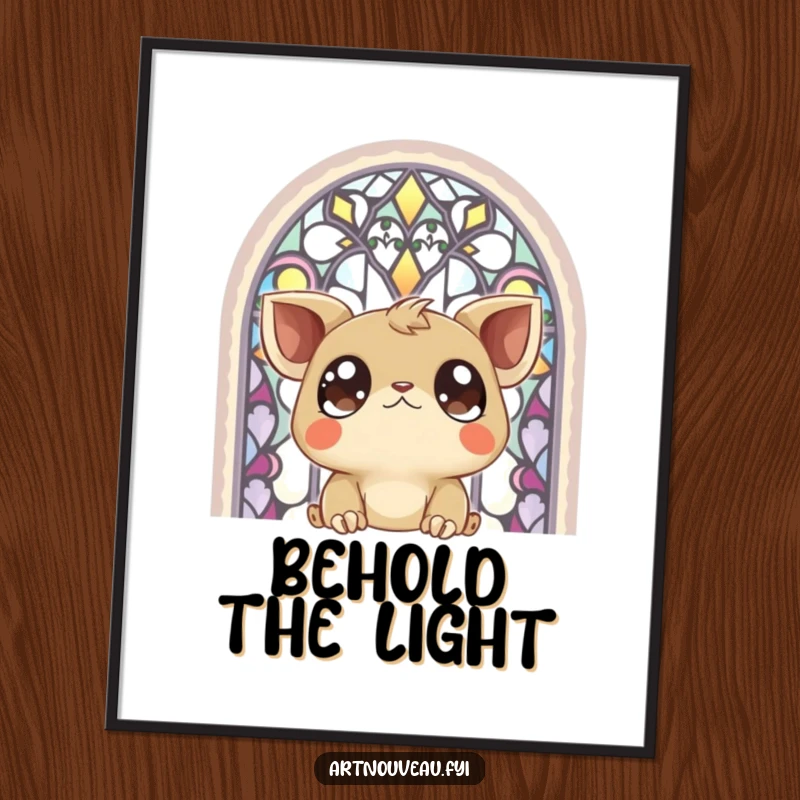 Funny Digital Art Print: A creature with large, expressive eyes gazing in awe at a beautifully detailed stained-glass window.