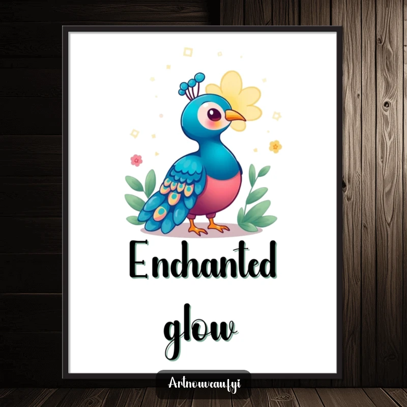 Funny Enchanted Peacock Digital Art Print of a bird enchanted by a magical, glowing bloom, offering instant whimsical and humorous wall decor.