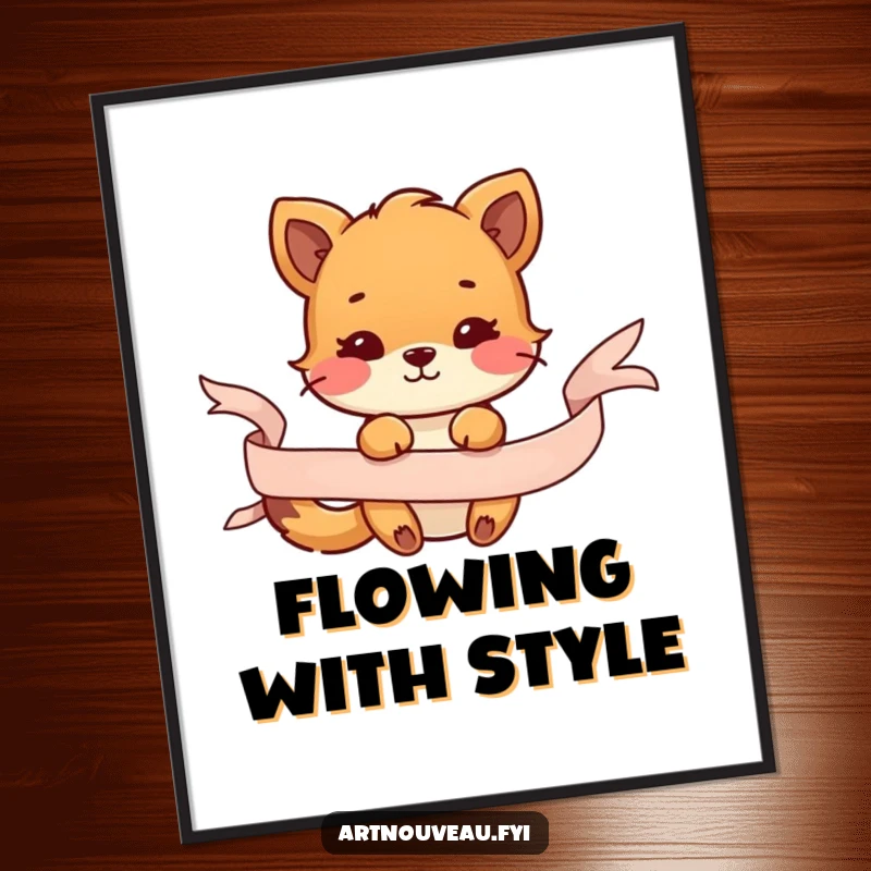 Funny digital art print of an animal playfully interacting with a flowing decorative ribbon, offering instant whimsical charm and decor.