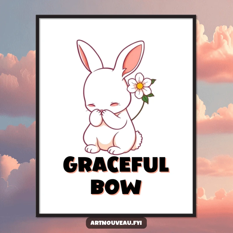 Funny rabbit digital art print, Art Nouveau style, gracefully bowing, flower accent, downloadable art, perfect funny gift.