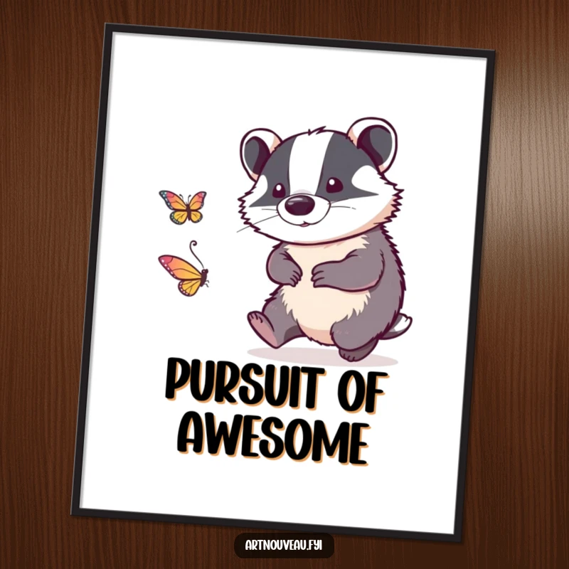 Funny digital art print of a detailed linework badger playfully chasing a stylized butterfly, perfect for instant whimsical wall decor.