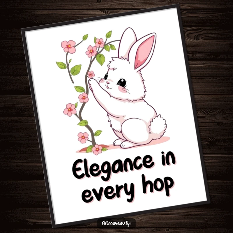 Funny digital art print of a fluffy bunny with elegant curves, reaching for a blooming vine, perfect for home decoration.