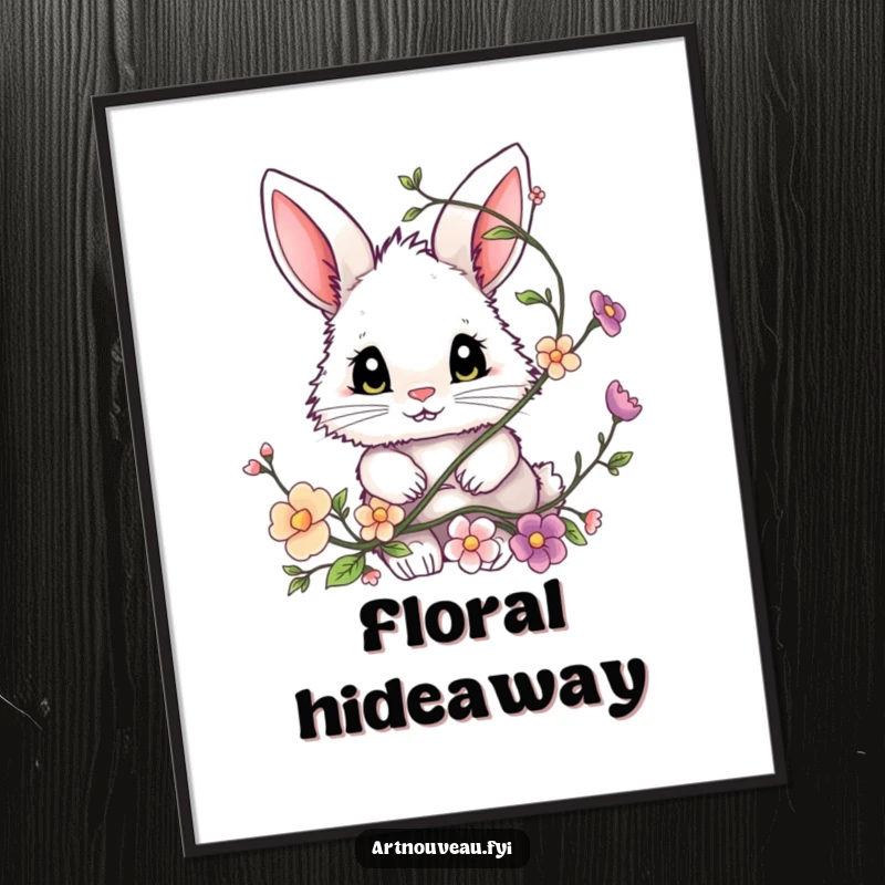 Funny bunny digital art print, a fluffy bunny with big expressive eyes peeking from a swirling floral vine, instant download.