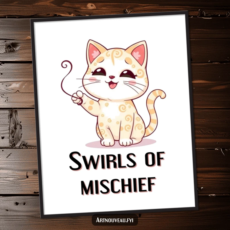 Funny cat digital art print of a cute cat with decorative swirling fur patterns playfully batting a tendril, bringing whimsical charm to any room.