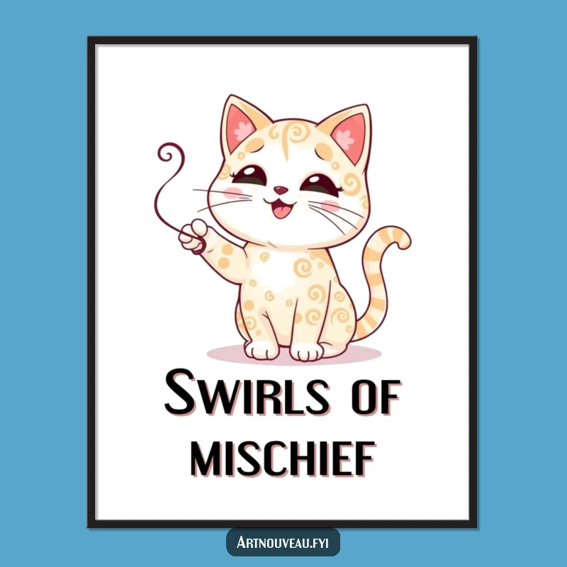 Funny Cat Digital Art: Cute Swirls Print, Unique Funny Gift for Home Decor