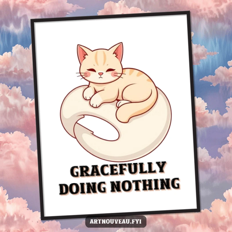 Funny digital art print of a graceful cat elegantly lounging on a swirling organic form, perfect for serene decor.