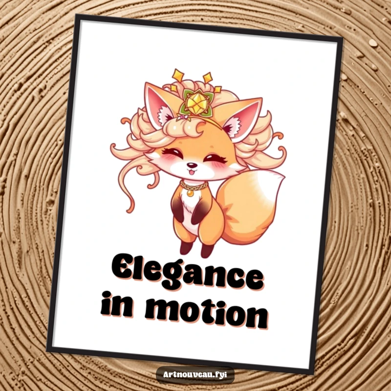 Funny fox digital art print, cute animal in ornate hairpiece playfully twirling, whimsical illustration, downloadable art, perfect funny gift.