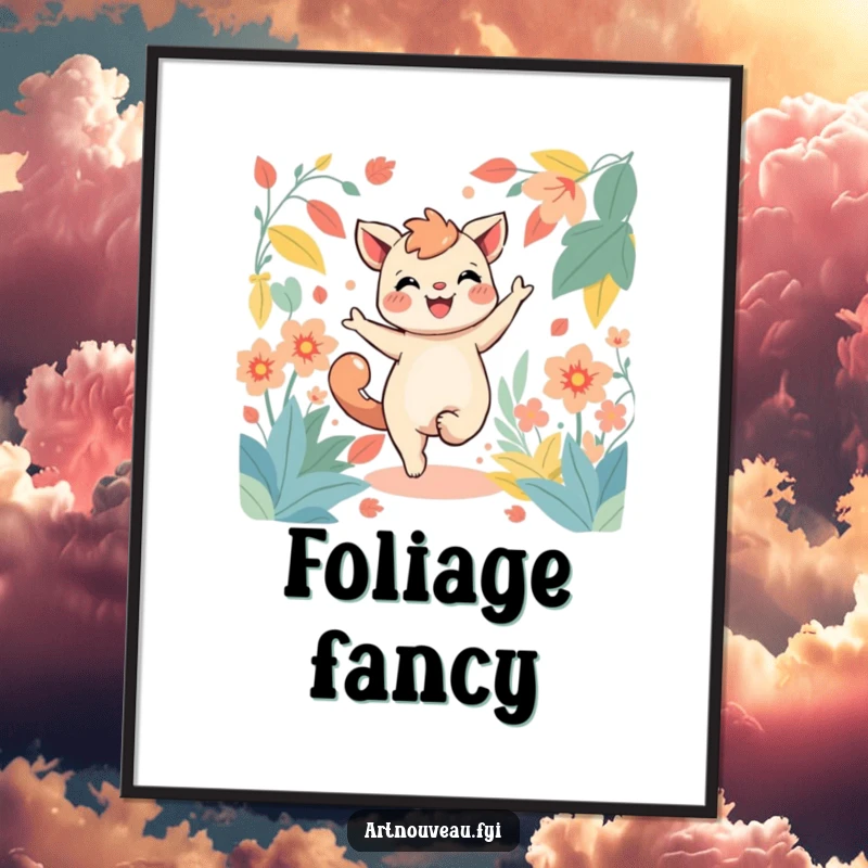 Funny digital art print vividly showing a joyful creature dancing amid stylized, flowing foliage, offering instant artistic cheer.