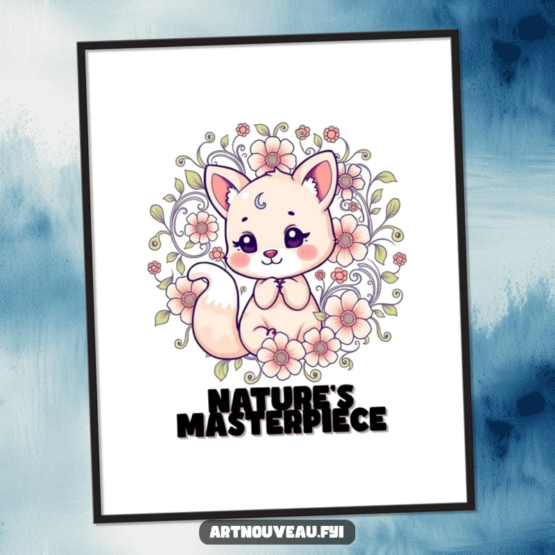Funny Digital Art Print: A captivating illustration of an animal character, a fox, amidst swirling floral motifs, full of life.