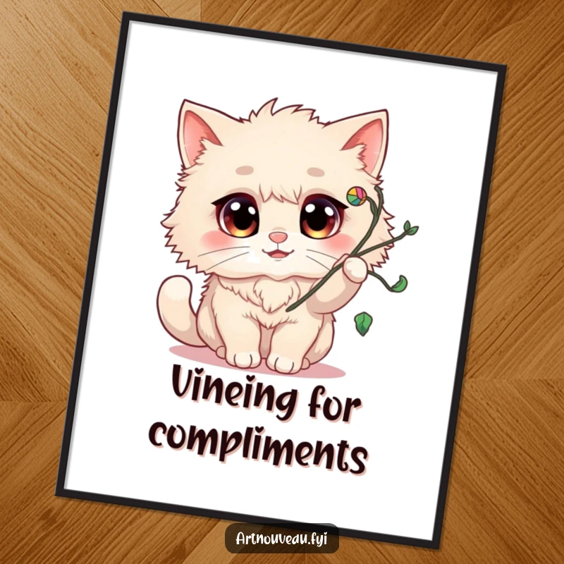 Funny Digital Art: A fluffy cat with cheerful eyes playfully batting at a swirling vine flourish, offering instant whimsical decor.