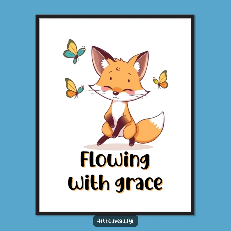Funny Fox Butterfly Chase Digital Art: Whimsical Print Gift