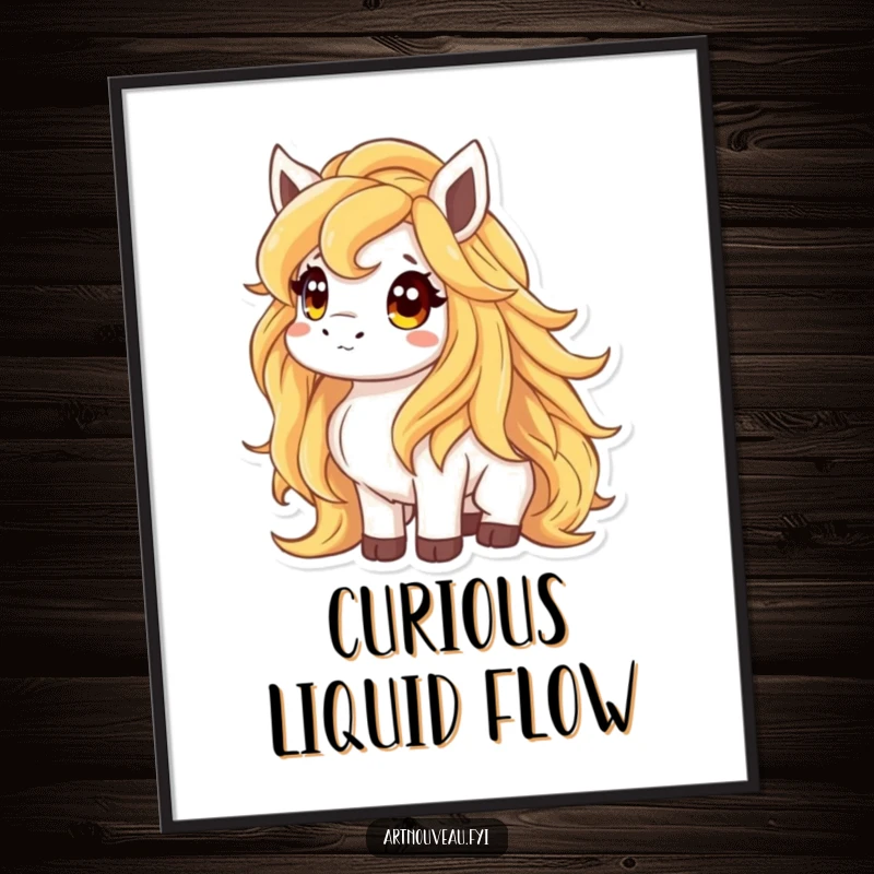 Funny digital art print of an animal with a flowing mane like liquid gold, looking up curiously, offering instant enchanting decor.