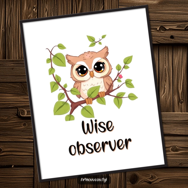 Funny cute owl digital art print, large curious eyes peeking from a vine, conveying humor and charm, instant download gift.