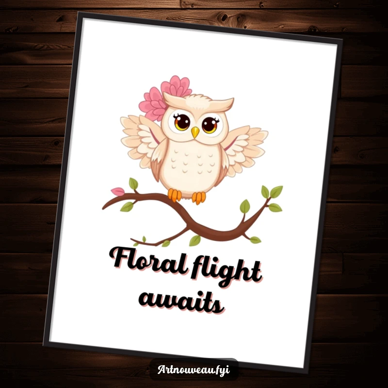 Funny owl digital art print of a stylized owl with flowing floral wings, adding whimsical beauty to any space.