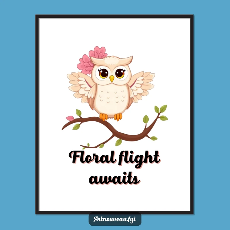 Funny Owl Digital Art: Floral Wings Print, Enchanting Funny Gift for Walls