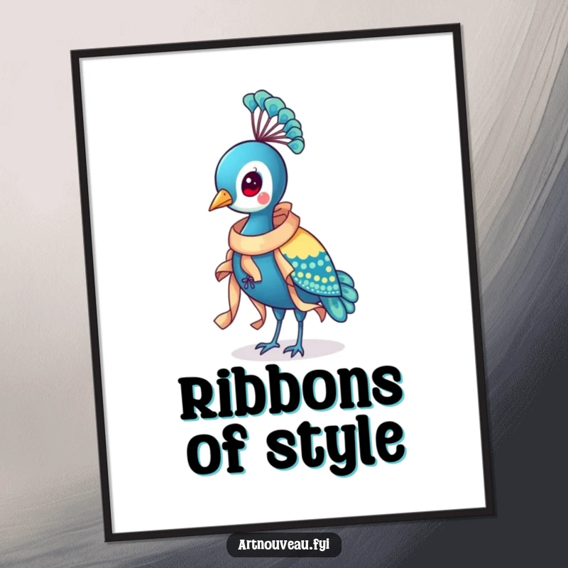 Funny Peacock Ribbon Digital Art Print of a distinguished bird wearing a flowing, ornate ribbon, offering instant elegant and humorous wall decor.