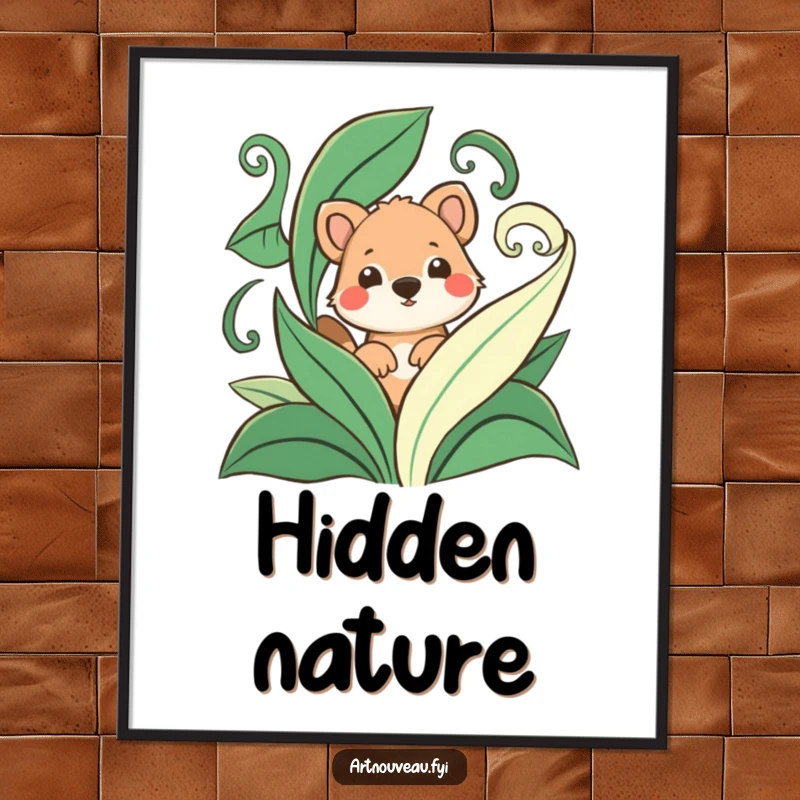 Funny digital art print of a playful animal peeking from behind swirling, stylized leaves, creating a charming and humorous nature scene.