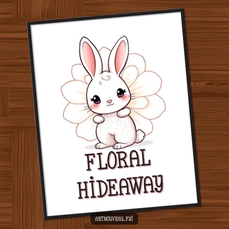 Funny Rabbit Bloom Digital Art featuring a cute rabbit with swirling patterns peeking from behind a large decorative bloom, ready to print.