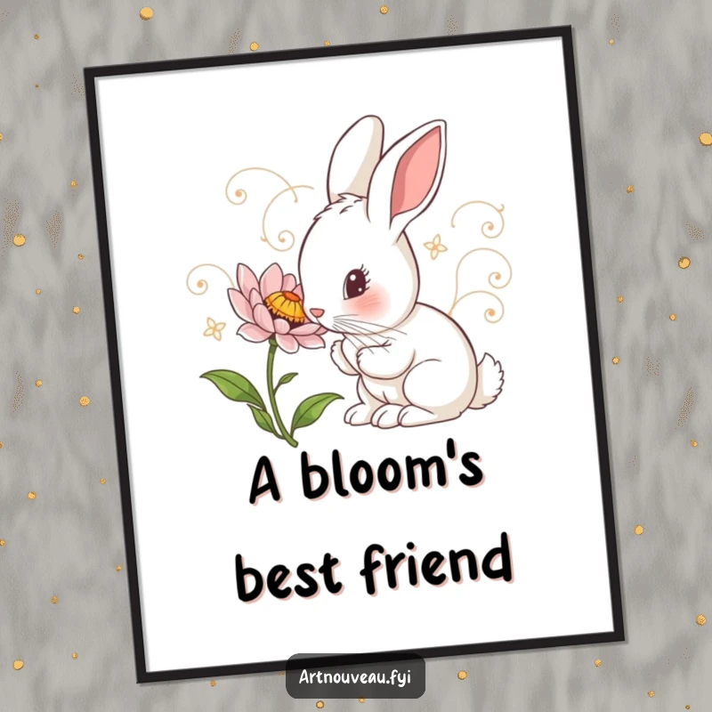 Funny Digital Art: Curious art nouveau illustration of a rabbit inspecting a detailed flower, ready to print for decor.