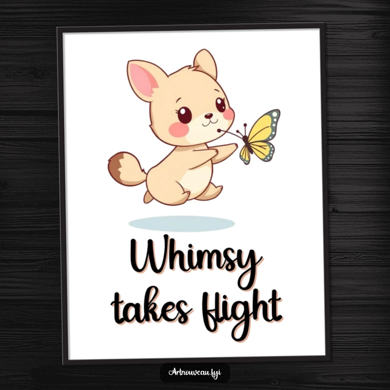 Funny digital art print of a whimsical animal playfully chasing a delicate butterfly, offering instant charm and lighthearted decor.
