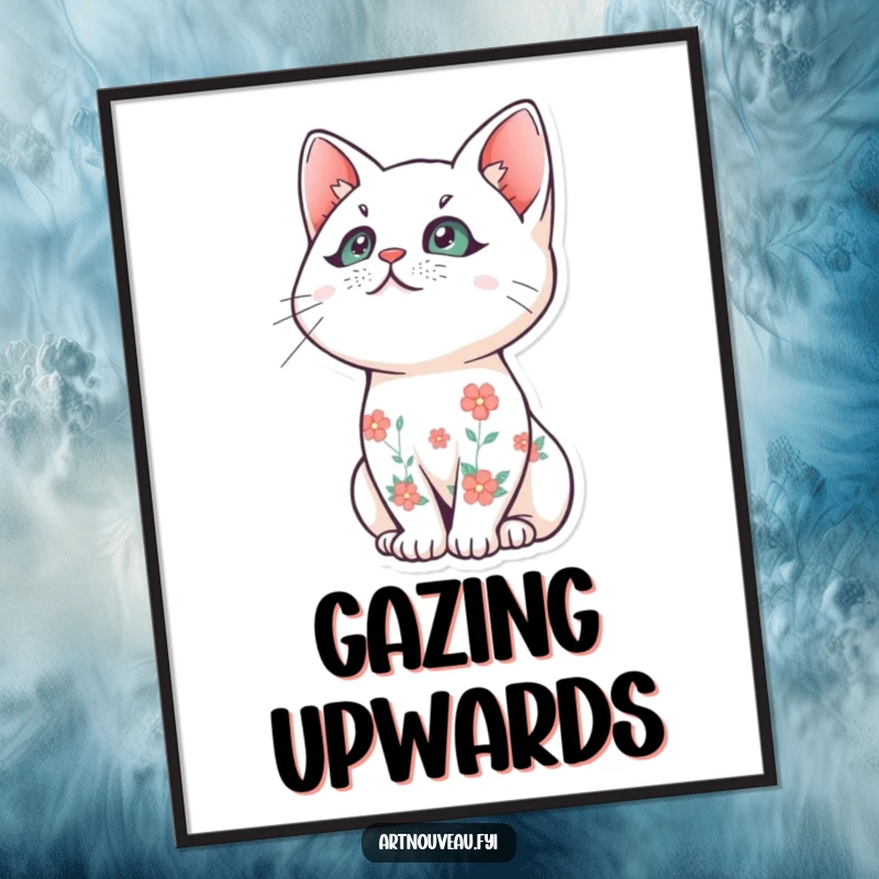 Funny cat digital art print, stylized feline with floral patterns, gazing upwards, downloadable art, perfect funny gift.