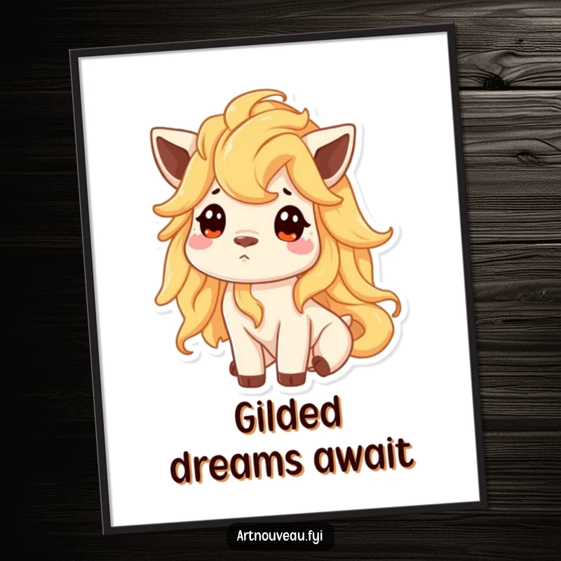 Funny digital art print of an animal with a flowing, liquid gold mane, looking up curiously, designed for magical decor.