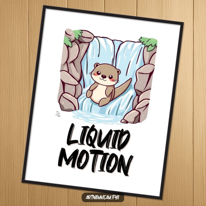 Funny otter with smooth lines playfully sliding down a stylized waterfall, available as a high-resolution digital art print.
