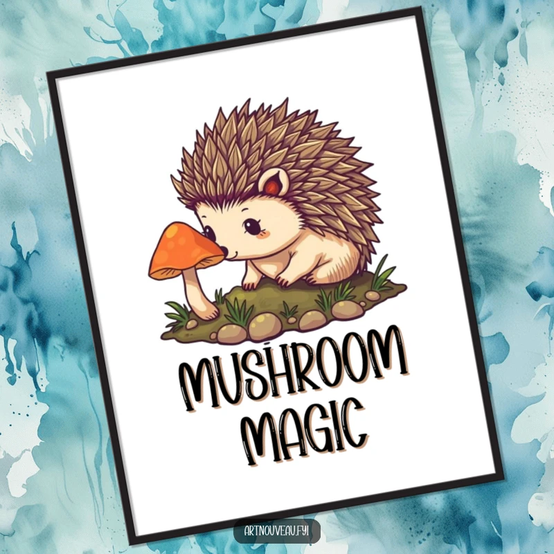 Funny hedgehog digital art print with detailed art nouveau spines approaching a glowing mushroom, ideal for instant download and mystical display.
