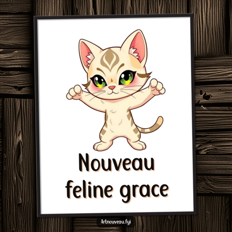 Funny Feline Digital Art Print: Art Nouveau inspired cat in a dynamic pose with flowing markings, offering instant artistic humor.