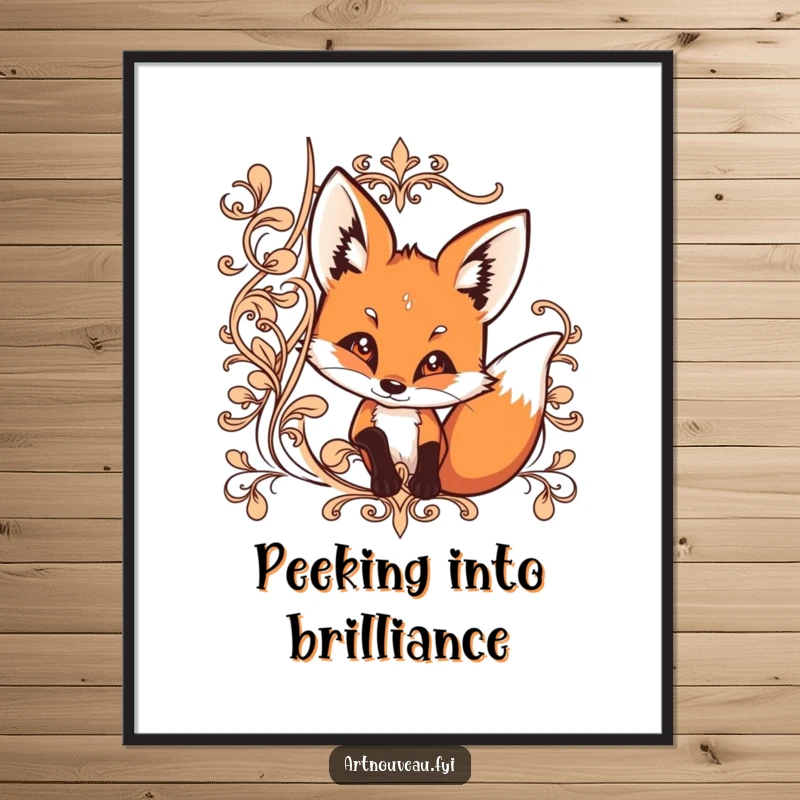 Funny digital art print of a curious fox peeking from behind ornate, flowing lines, perfect for mysterious decor.