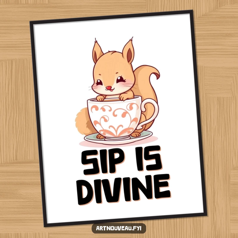 Funny digital art print of a happy squirrel delicately sipping from a decorative, spiraling cup, perfect for instant cute decor.