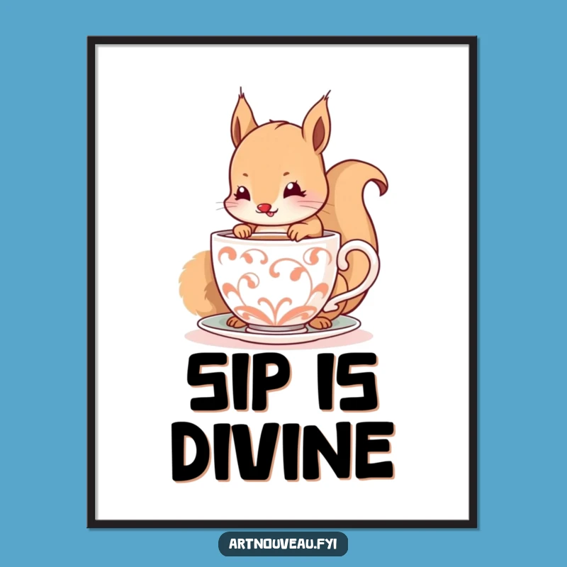 Funny Squirrel Digital Art - Happy Sips Instant Download, Cute Decor