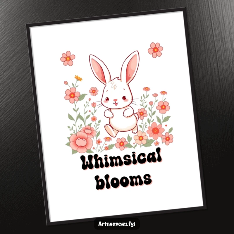Whimsical rabbit digital art print, featuring a hare hopping among floral patterns, an instant download with artistic flair.