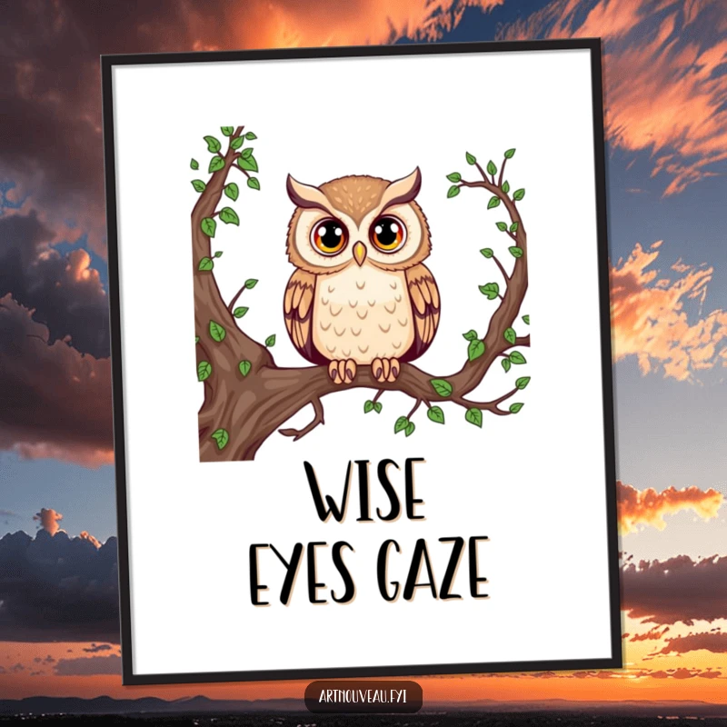 Funny Majestic Owl Digital Art Print: An owl with large eyes on a branch, bringing wisdom and a touch of humor to your screen.