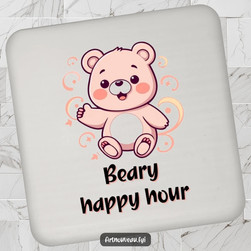 Funny bear coaster with a charming bear and abstract swirling patterns, protecting surfaces with artistry.
