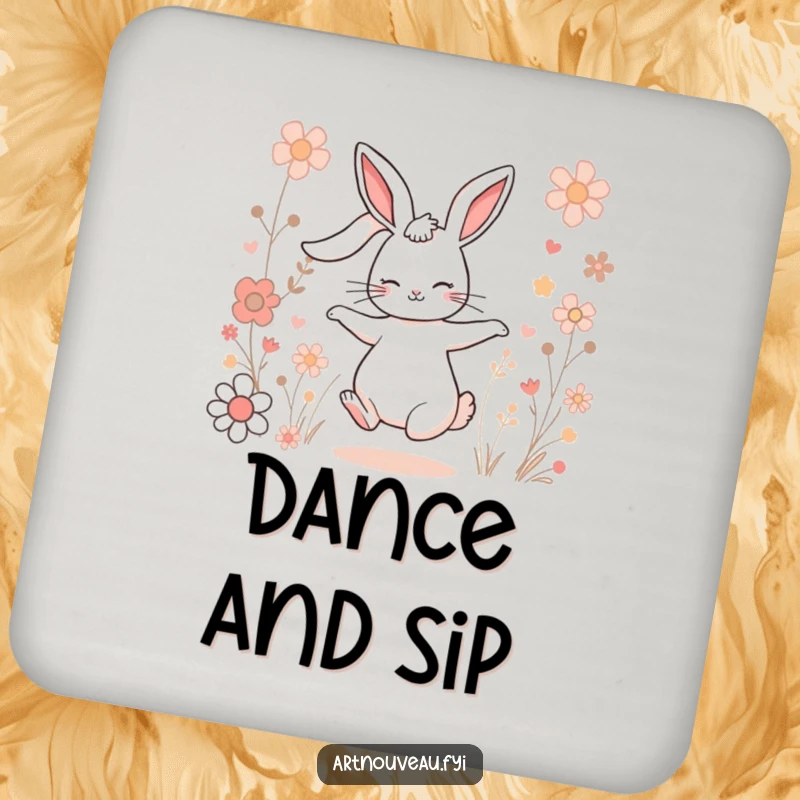 Funny Charming Rabbit Coasters: Dancing rabbits amidst stylized flowers bring playful humor and protection to your surfaces.