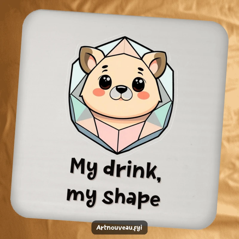 Funny drink coaster showcasing a stylized animal looking at a geometric and organic abstract shape, adding artistic humor to any surface.