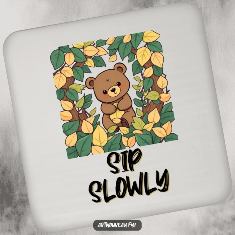 Funny stylized bear with organic shapes exploring a decorative labyrinth of leaves, featured on durable drink coasters.